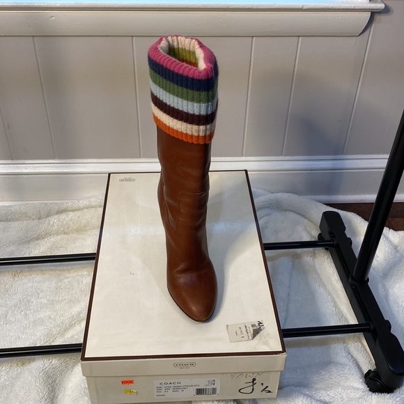 Coach leather brown boots with wool multicolored top flip one of a kind size 8.5 - Picture 5 of 7